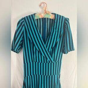 Striped Turquoise+Black Wide Leg Collar Slight Puff Sleeve Retro Jumpsuit Size M